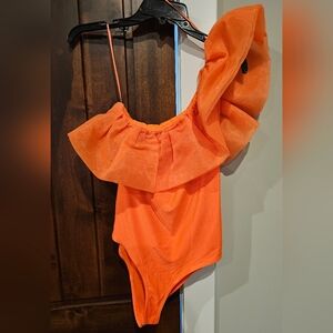 Worn Once - NanaMacs - Bright Orange, One Shoulder Bodysuit